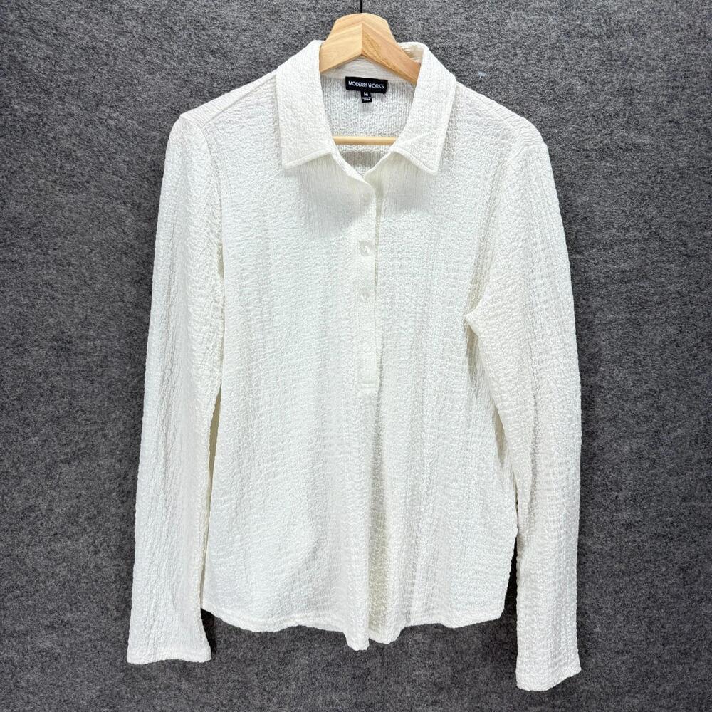 Modern Works Shirt Women M Medium White Button Up Collared Long Sleeve Casual